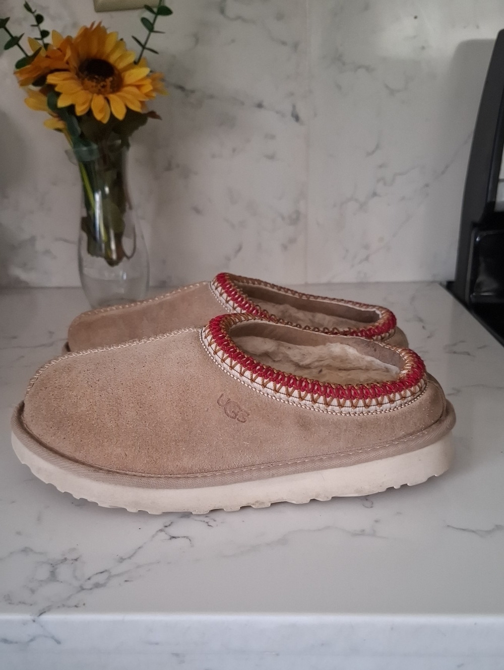 UGG Tasman Women's Slipers Cream Suede Shearling with Red Trim